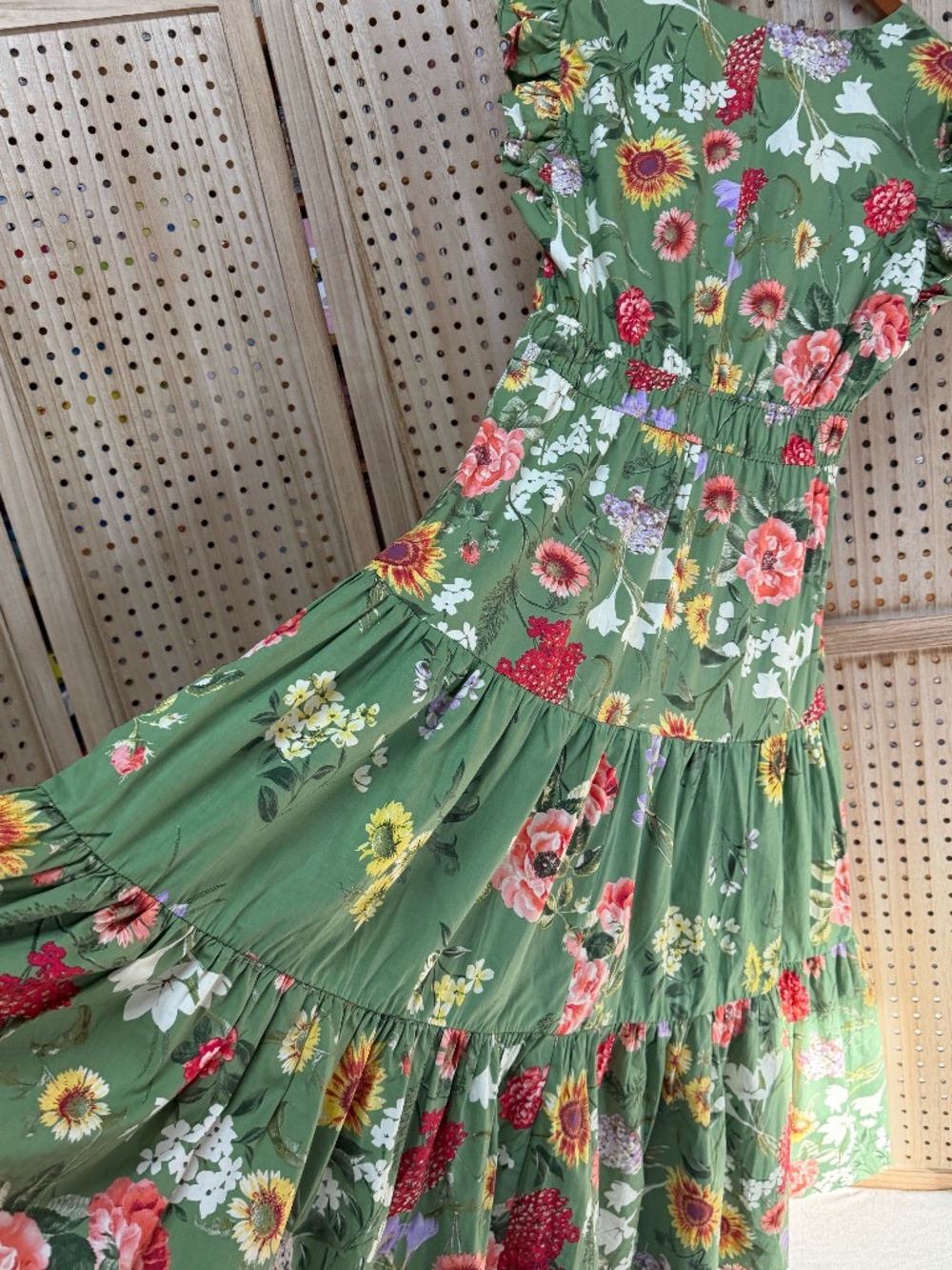 Anne Klein Green Floral Tiered Midi Dress Cottagecore Garden Party Large - Picture 9 of 13